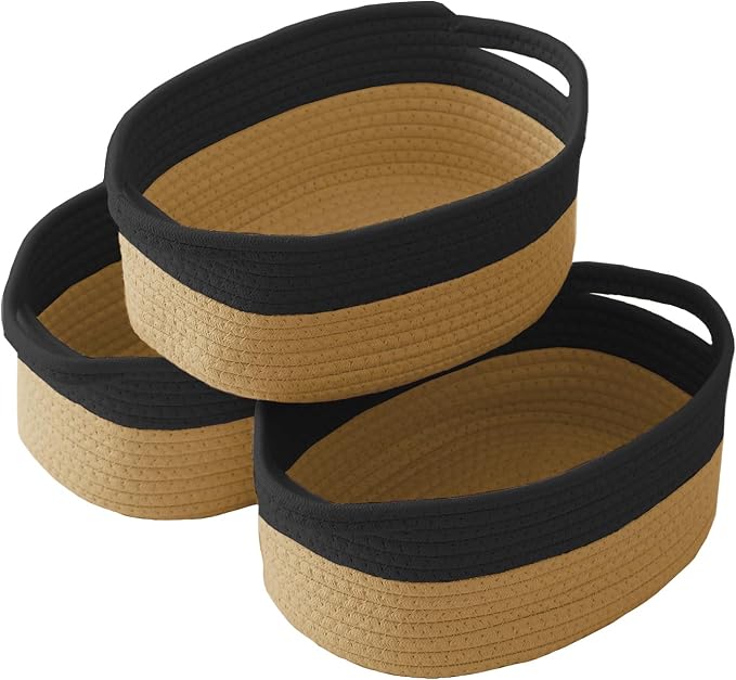 JMvicyroam Woven Basket,Small Rope Storage Bin with Handles & Ribbon Bag, Organizer for Shelves Closets,Gift Basket Empty for Birthday,Books,Dog Toys, Black&Jute/3 Pack by JMvicyroam