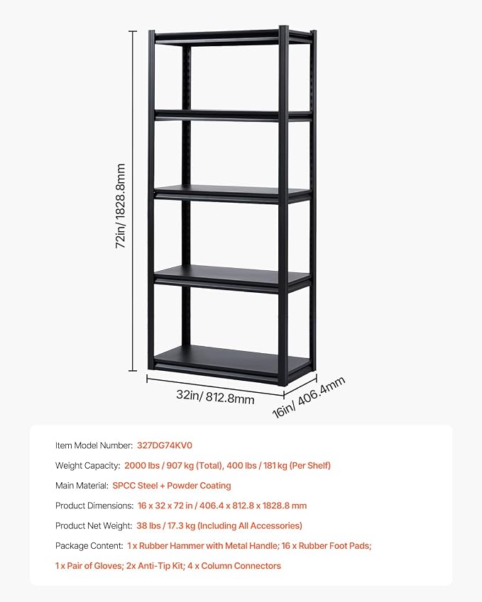 VEVOR Storage Shelves, 2000 lbs, 5 Tier Garage Storage Shelving, 16" D x 32" W x 72" H Adjustable Metal Shelves for Garage Shelves Utility Rack Shelf, Ideal for Kitchen, Warehouse, Basement, Black - Image 8
