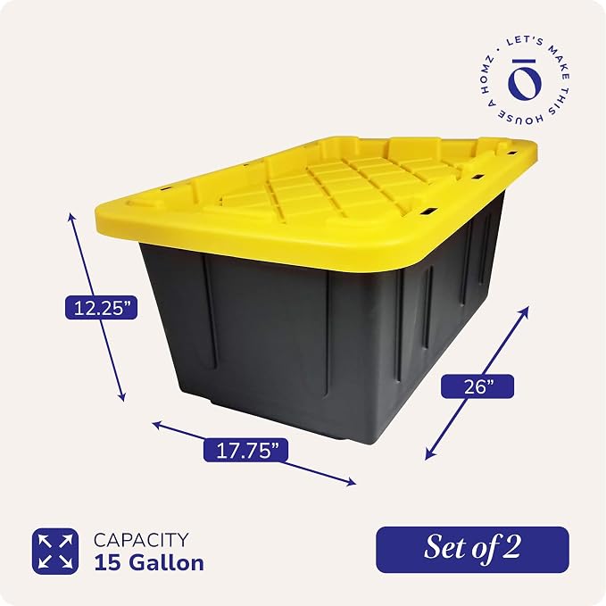 HOMZ 2-Pack Durabilt, Heavy Duty Plastic Storage Bins with Lids, 15 Gallon, Black/Yellow - Stackable Container Boxes for Home, Attic, and Garage Organization - Image 4
