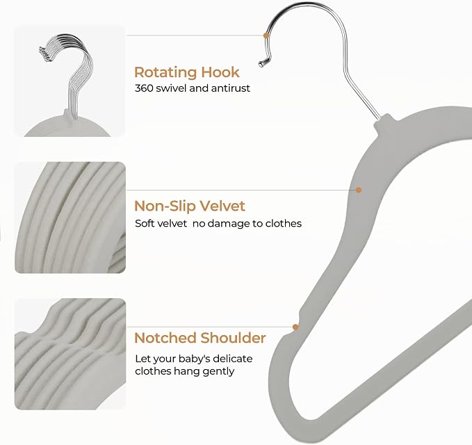 GoodtoU Kids Hangers Velvet 50 Pack Baby Hangers for Closet Non Slip Childrens Infant Hanger Grey - Image 3