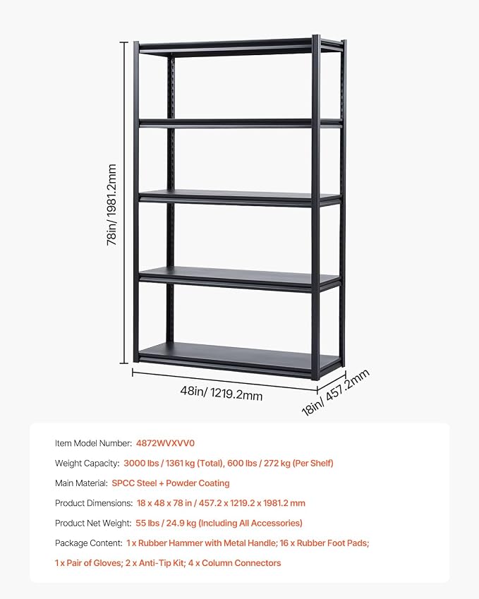 VEVOR Storage Shelves, 3000 lbs, 5 Tier Garage Storage Shelving, 18" D x 48" W x 78" H Adjustable Metal Shelves for Garage Shelves Utility Rack Shelf, Ideal for Kitchen, Warehouse, Basement, Black - Image 8