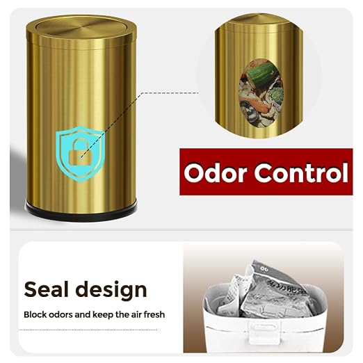 9 Liter/2.4 Gallon, Gold Trash can with Swing lid, Brass Small Trash can, Gold Trash Bin with Lid for Office, Living Room,Bathroom，Restaurant Bathroom - Image 3