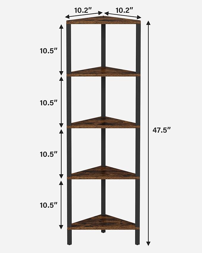 TUTOTAK Corner Shelf, 5-Tier Corner Bookshelf for Small Space, Narrow Display Corner Shelf Stand with Storage Rack, for Living Room, Bedroom, Rustic Brown BS05BB005 - Image 2
