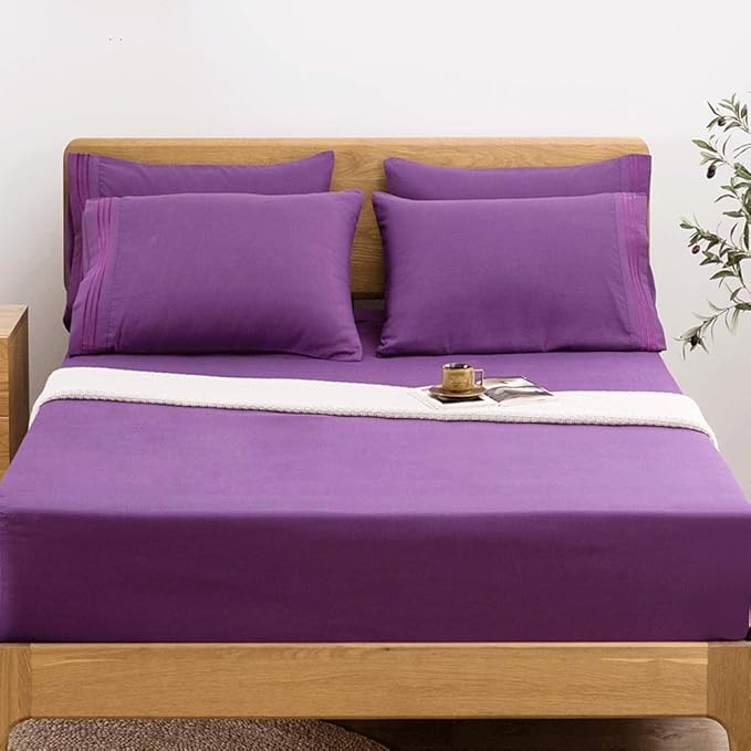 SONORO KATE Bed Sheet Set Super Soft Microfiber 1800 Thread Count Luxury Egyptian Sheets 18-Inch Deep Pocket，Wrinkle and Hypoallergenic-6 Piece (Purple, King-6 Piece)