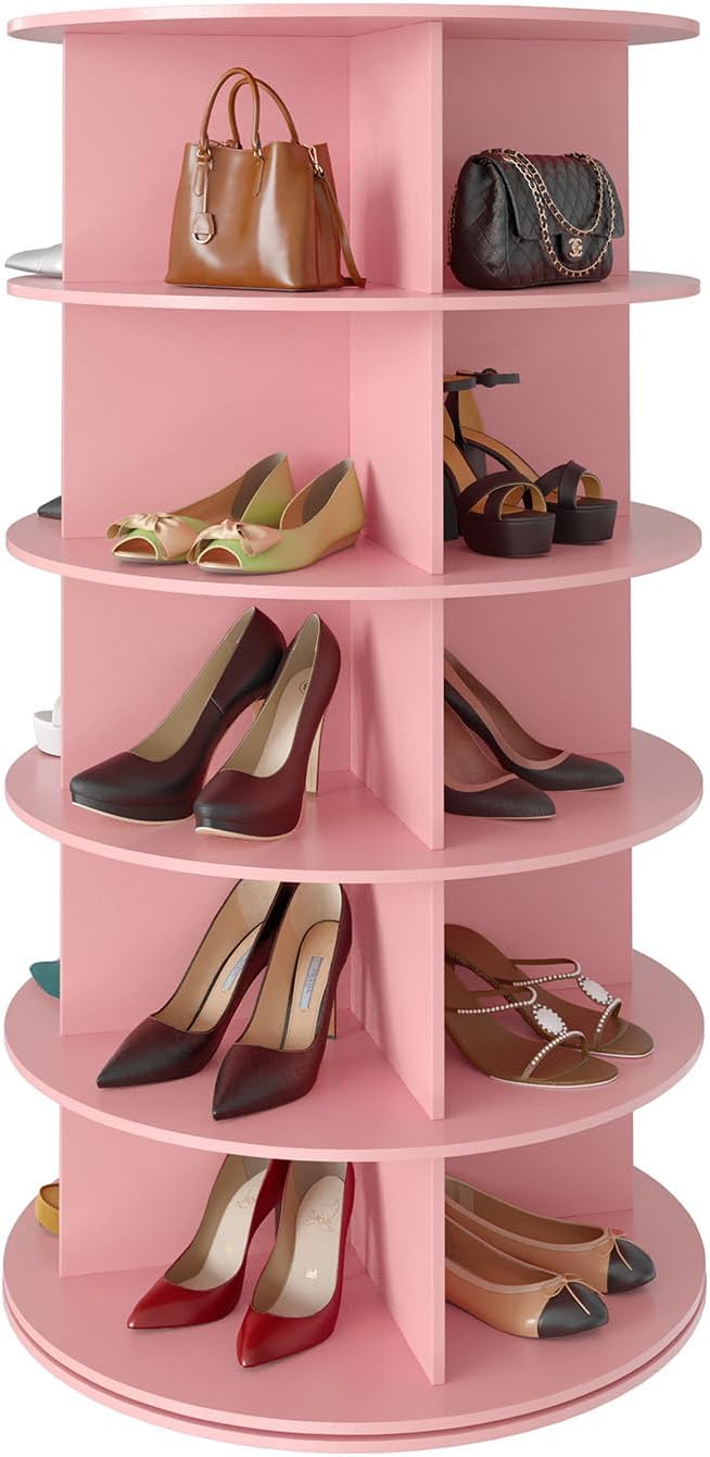 SpaceAid 5 Tier Rotating Shoe Rack Tower, Spinning Shoe Display Lazy Susan, Revolving 360 Shoe Rack Storage Round Carousel, Vertical Handbag Rotate Shoes Closet Organization (5-Tier Pink) by SpaceAid