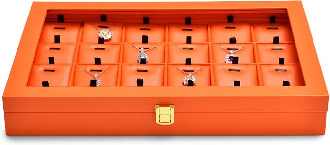 Oirlv Premium Leather Jewelry Tray with 24 Grid Removable Jewelry Cards Necklace Organizer Box with Transparent Acrylic Lid Necklace Pendant Display Case - Image 6