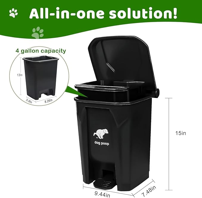 Dog Poop Trash Can Outside, 20L/5Gallon Pedal and Removable Inner Waste Bin, Outdoor Dog Poop Trash Can with 100 Bags, Pet Waste Container for Garden, Black - Image 2