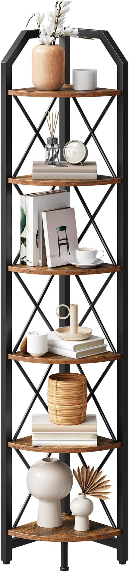 CHOEZON 6-Tier Corner Shelf, Industrial Corner Bookshelf, 71.2" Corner Storage Stand, Plant Stand Display Shelf, Corner Bookcase for Bedroom, Living Room, Home Office, Rustic Brown and Black TCJ11BF - Image 8