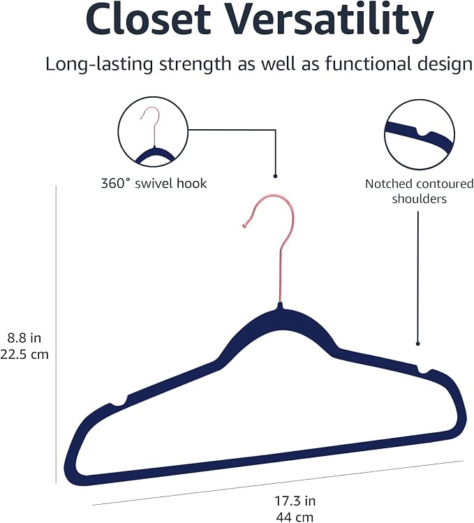 Amazon Basics Slim Velvet Non-Slip Space Saving Suit Clothes Hangers, Sturdy Construction, Navy Blue/Rose Gold, 50-Pack - Image 5