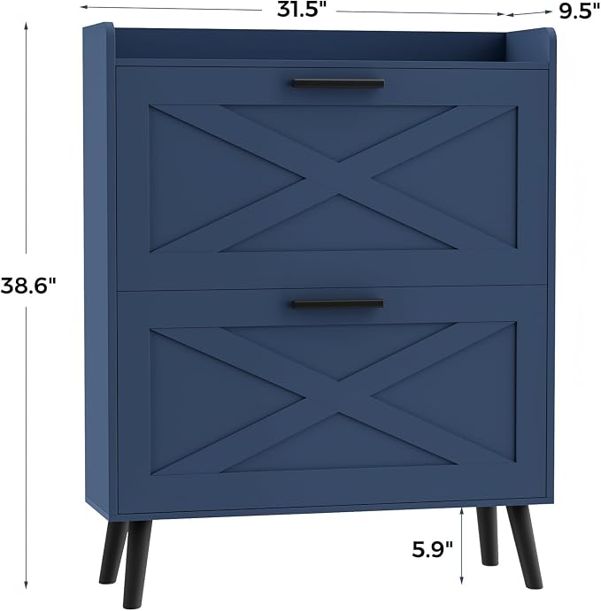 Homleke 32" W Farmhouse Shoe Storage Cabinet with 2 Flip Drawers and Barn Door Design, Adjustable Shelves, Modern Hidden Slim Narrow Shoe Rack Cabinet for Entryway, Foyer, Hallway, Living Room, Blue - Image 2