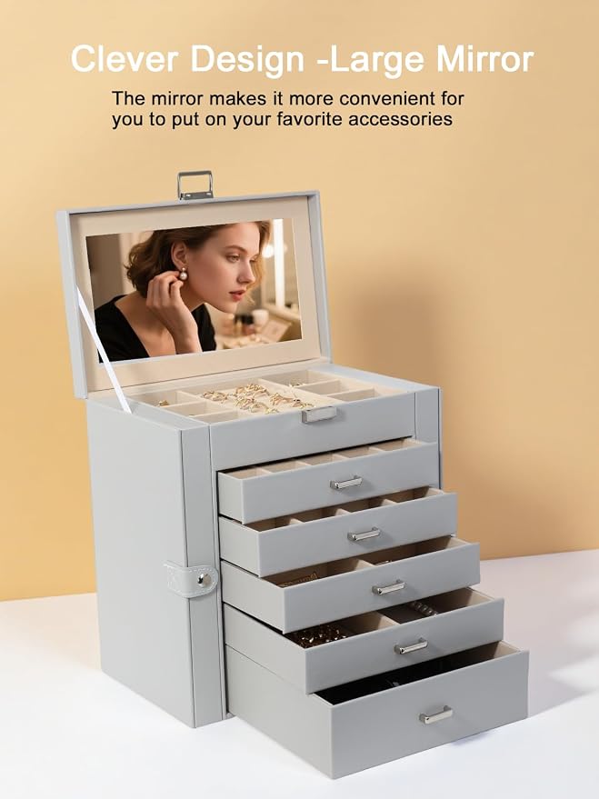 BOOVO Jewelry Box For women, 6 Layer Large Jewelry Organizer With Mirror, Multi-Function Storage Box With Lock, Necklace Holder With 5 Drawers, For Earrings Necklace Bracelet (Silver and Grey) - Image 6