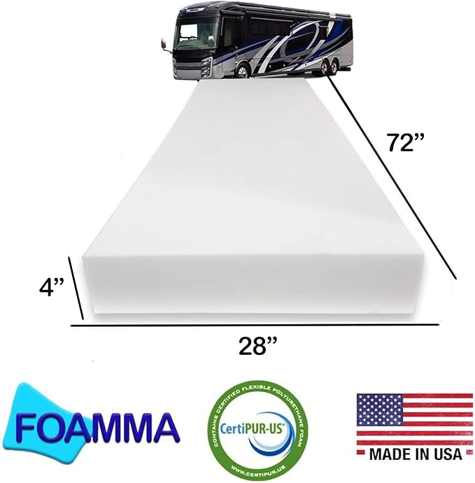 Foamma 4” x 28” x 72” Camper/RV Travel High-Density Bunk Mattress Foam Replacement, Comfortable, Travel Trailer, CertiPUR-US, Cover Not Included
