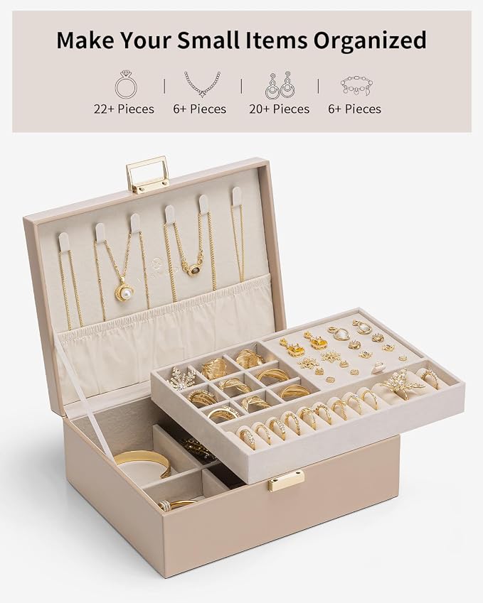 VLANDO Jewelry Box for Women, Gift for Women Girls,2 Layer Jewelry Box,Large Jewelry Organizer for Women Removable Jewelery Tray for Necklace Earrings Rings (Toffee) - Image 4