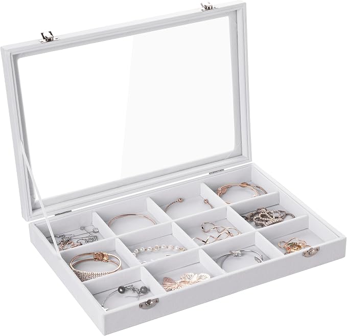 Frebeauty Velvet Jewelry Tray,12 Grid Jewelry Organizer with Clear Lid,Bracelets Holder,Jewelry Display Case with Clasp,Drawer Insert Bangle Brooch,13.8 x 9.5 x 2 Inches,Gift for Women Girls(White) by Frebeauty