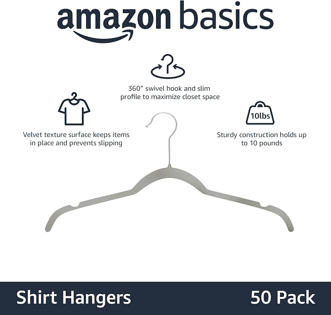 Amazon Basics Slim, Velvet, Non-Slip Shirt Clothes Hangers, Gray/Silver - Pack of 50 - Image 2