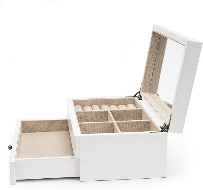 Meangood Jewelry Box Organizer for Women, 2 Layer Large Jewelry Storage Case, Rustic Wooden Jewelry Box with Mirror & Ring Tray for Necklace Earring Bracelets Rings, Vintage Style (White) - Image 7