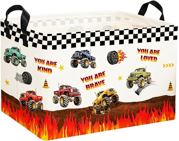 Rectangular Kids Baskets Monster Truck Basket Cute Storage Bins Organizer Box Boys Room Decor for Home.(Flame Racing) by DDBASKET
