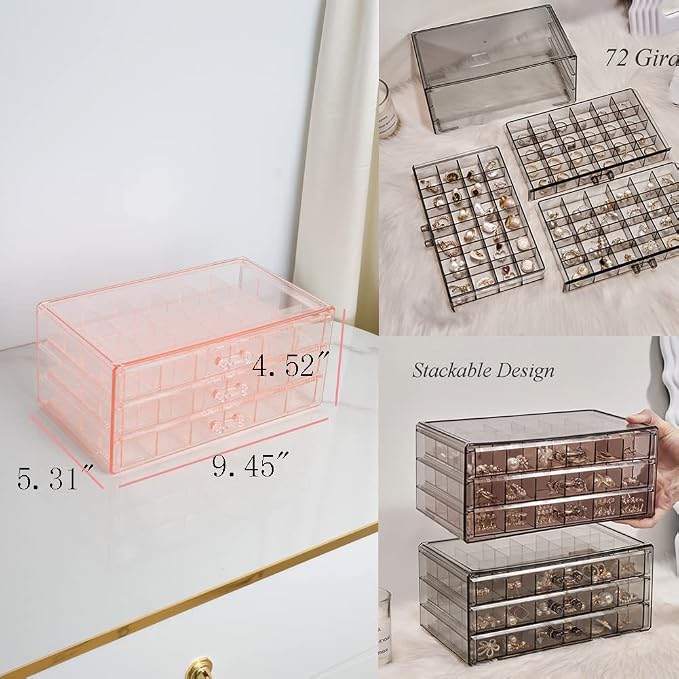 YUFONG Earring Storage Box Organizer 3 Drawers Acrylic Jewelry Storage Box Holder Transparent Jewelry Display Stand with 72 Small Compartments Gift for Women Girls (Clear Pink) - Image 5