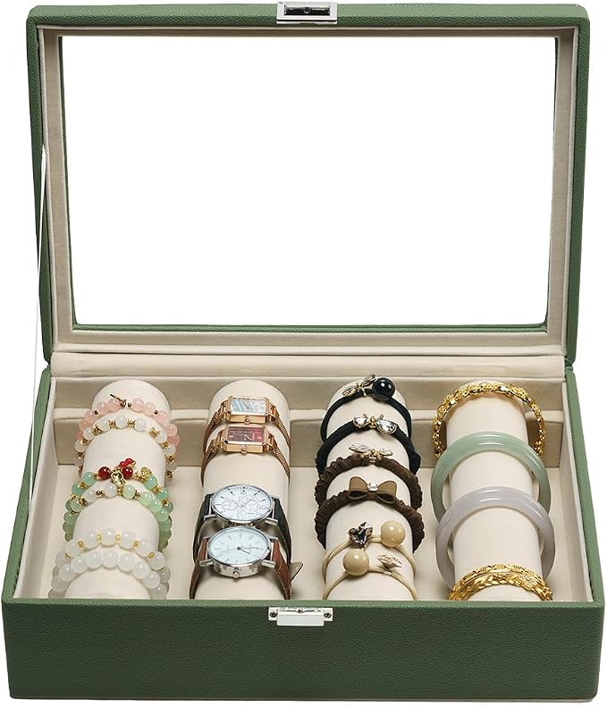 Bracelets Organizer Rods Bangles Display Holder, Clear See through Lid Leather Velvet Jewelry Storage Box Case for Women, 4 Rods Green Leather by XHMQYCMakesAllBetter%E2%80%94LetGo
