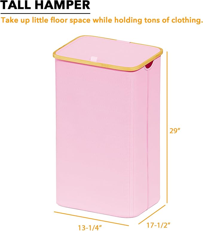 SpaceAid Laundry Hamper with Lid, 110L Large Tall Clothes Basket Bin with Bamboo Handles, Collapsible Laundry Hamper for Bedroom, Bathroom, Dorm, Laundry Room - Pink - Image 5