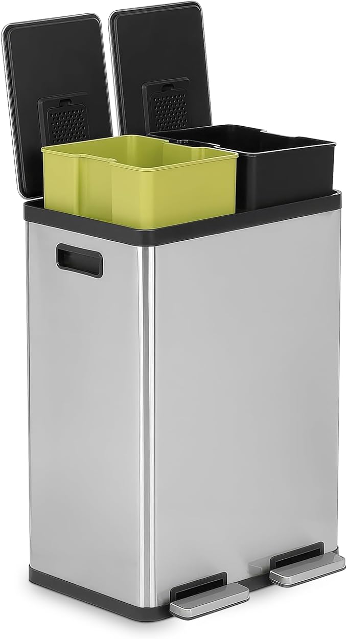 Simpli-Magic 16 Gallon (60L) Step Trash Can – Dual Compartment Kitchen Garbage Can with Waste & Recycling Bins – Slow-Close Lid, Odor Control, Hands-Free, Inner Bases, Premium Stainless Steel by Simpli-Magic