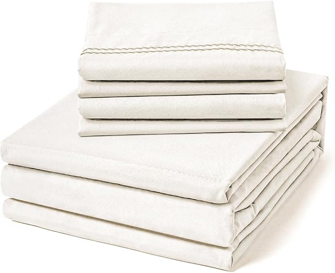 ClevaHome Full Size Sheet Set - 6 Piece Soft Breathable Luxury Bed Sheet Set - Shrinkage & Fade Resistant Embroidered Bedding Sheet with Deep Pocket, 2 Extra Pillowcases (Full, Crystal White)