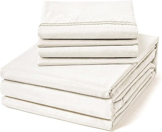 ClevaHome Queen Size Sheet Set - 6 Piece Soft Breathable Luxury Bed Sheet Set - Shrinkage & Fade Resistant Embroidered Bedding Sheet with Deep Pocket, 2 Extra Pillowcases (Queen, Crystal White)