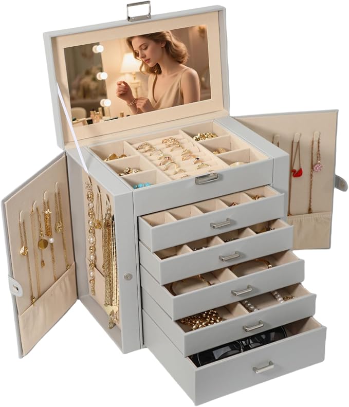 BOOVO Jewelry Box For women, 6 Layer Large Jewelry Organizer With Mirror, Multi-Function Storage Box With Lock, Necklace Holder With 5 Drawers, For Earrings Necklace Bracelet (Silver and Grey) by BOOVO