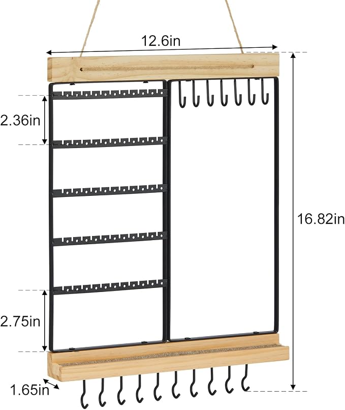 Feyejade Hanging Jewelry Organizer, 5-Tier Wall Earring Holder with Wooden Ring Groove, Jewelry Rack Wall Mounted for Earrings, Necklaces, Bracelets and Rings, Jewelry Holder Stand, Black - Image 7