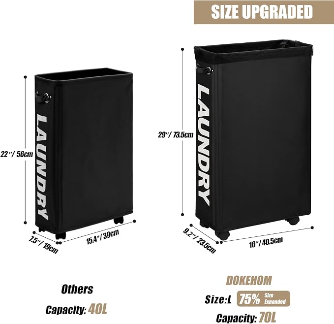 DOKEHOM 29-Inches Enlarged Slim Laundry Basket with Removable Wash Bag on Wheels, Collapsible Rolling Laundry Hamper, Foldable Narrow Corner Clothes Storage Bins (Black) - Image 3