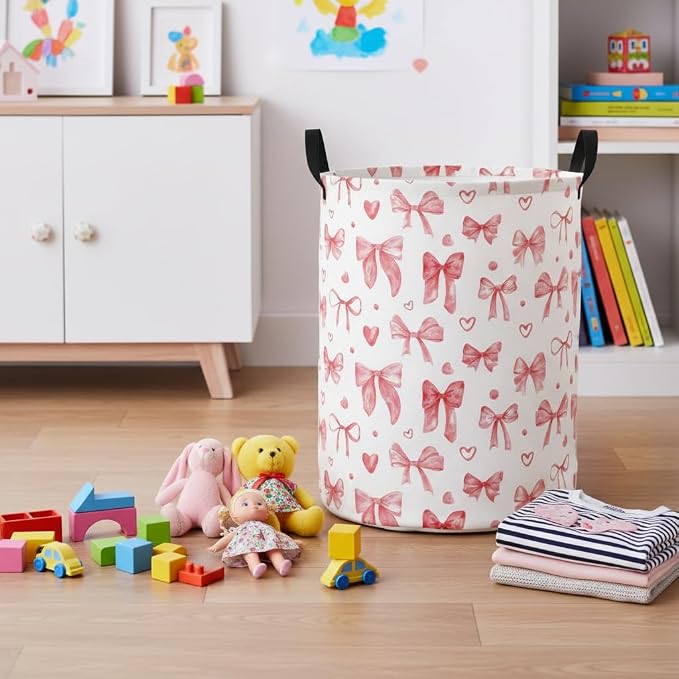 Baby Laundry Basket Baby Nursery Hamper Kids Laundry Basket Toy Storage Bin for Boys Room Decor Gift Baskets for Bedroom Bathroom(Heart Bowknot) - Image 4