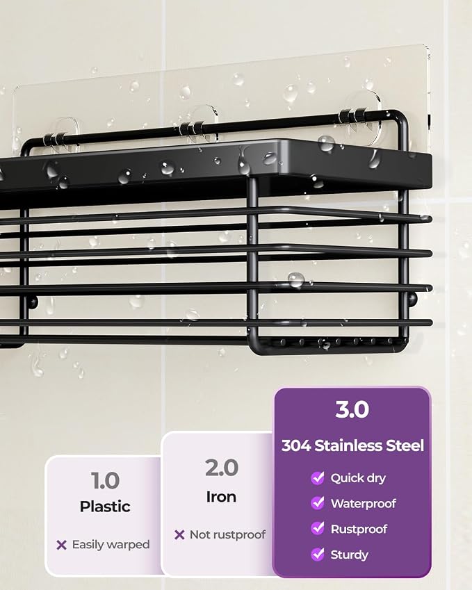 ODesign Shower Caddy 3 Pack SUS304 Stainless Steel-No Drilling-Shower Bathroom Shelves Rack,Rustproof Wall Mounted,Adhesive Shower Shelf Basket Organizer-Black - Image 2