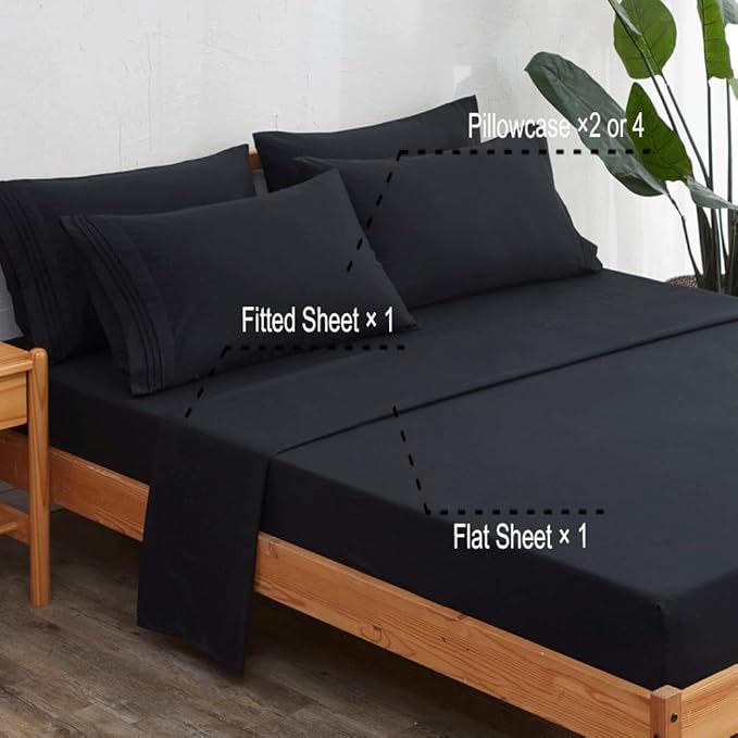 SONORO KATE Bed Sheet Set Super Soft Microfiber 1800 Thread Count Luxury Egyptian Sheets 18-Inch Deep Pocket，Wrinkle and Hypoallergenic-6 Piece (Black, California King-6 Piece)