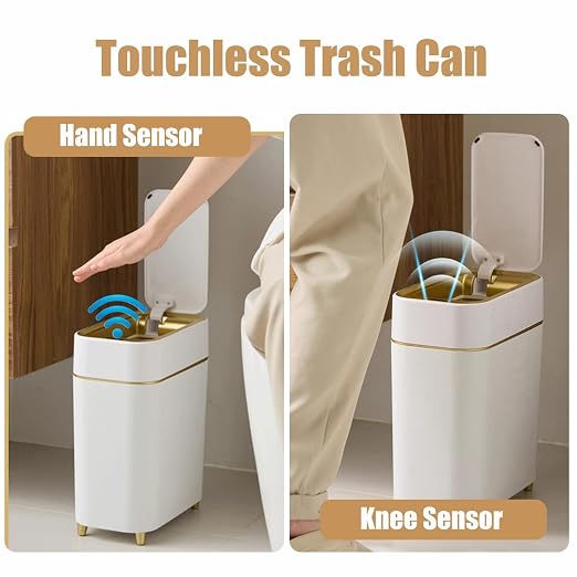Yatmung Motion Sensor Trash Can Bathroom Automatic Touchless Lid - Sensor Garbage Can - Bathroom, Bedroom, Kitchen, Laundry Room, Small Spaces - Compact Smart Trash Bin - White with Gold Edge, 1Pack - Image 5
