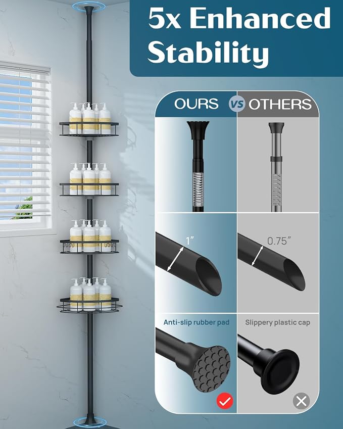 SEIRIONE Rustproof Shower Corner Caddy Organizer for Bathroom, 4-Tier Adjustable Bathroom Shelf with Tension Pole, Solid Rack Ideal for Bathtub Storage, 34 to 116 Inch Height, Black - Image 5