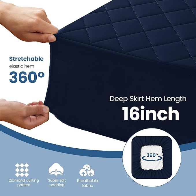 California King Mattress Protector,Waterproof Mattress Protector Fitted Up to 16" Deep Pocket, Soft Breathable Bed Mattress Cover for Bedroom,Doom Room,(Navy Blue)