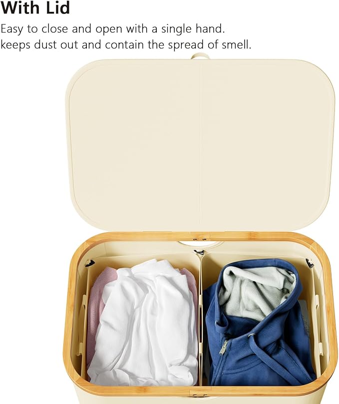 SpaceAid Double Laundry Hamper 2 Section with Lid and Removable Laundry Bags, 160L Clothes Basket with Bamboo Handles, Large Collapsible Hamper for Bedroom, Bathroom, Dorm, Laundry Room - Beige - Image 3