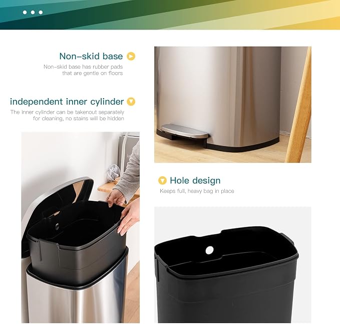 13 Gallon/50 L Garbage Can Kitchen Trash Can with Lid for Office Bedroom Bathroom Step Trash Bin Fingerprint-Proof Brushed Stainless Steel 13 Gallon / 50 Liter - Image 4