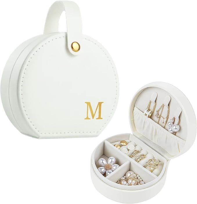 Travel Jewelry Case, Elegant Half-Moon Design with Golden Accents, Detachable Handle, White Personalized Accessory Organizer, Fashion-Forward Gift for Women and Teens(M) by Yoqanr