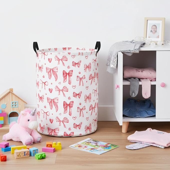 Baby Laundry Basket Baby Nursery Hamper Kids Laundry Basket Toy Storage Bin for Boys Room Decor Gift Baskets for Bedroom Bathroom(Heart Bowknot) - Image 3