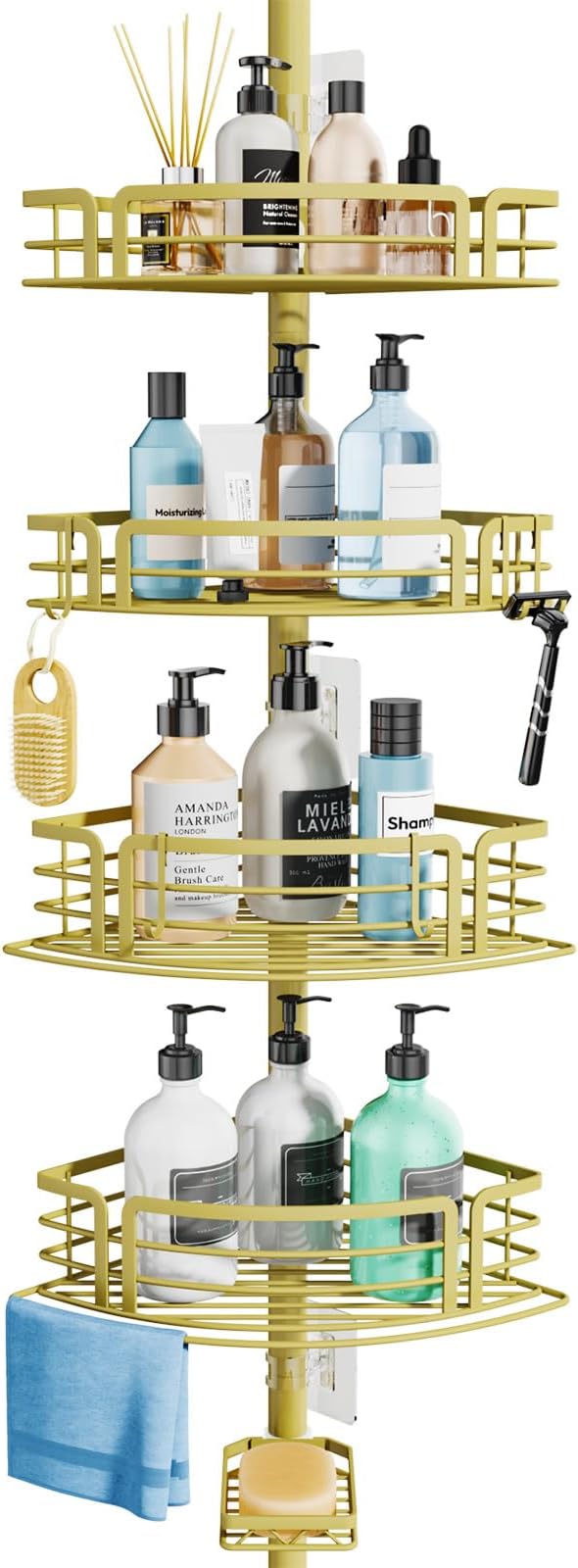 Consumest Corner Shower Caddy Tension Pole - Rustproof Shower Shelves with Towel Bar & Soap Holder, Adjustable Bath Organizer for Bathroom Storage, 27.6-108.3 inch, Gold by Consumest