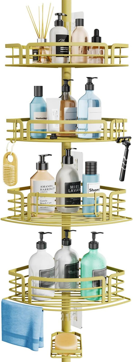 Consumest Corner Shower Caddy Tension Pole - Rustproof Shower Shelves with Towel Bar & Soap Holder, Adjustable Bath Organizer for Bathroom Storage, 27.6-108.3 inch, Gold by Consumest