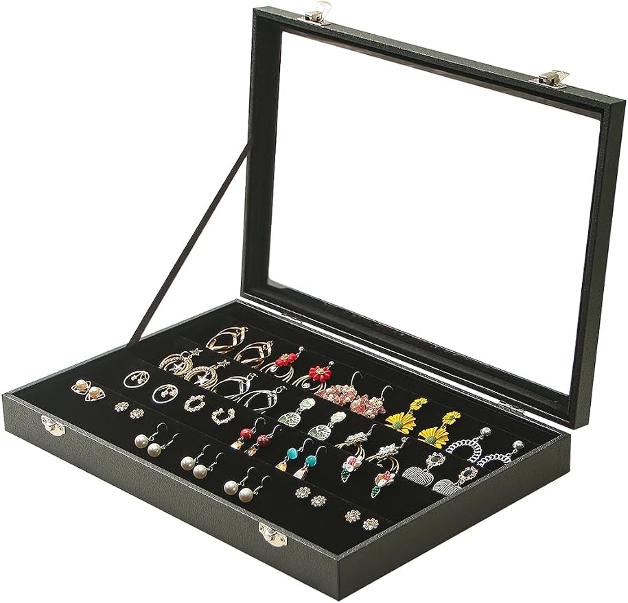 Coward Earring Organizer Tray Box, Black Velvet Earring Jewelry Display Storage Tray Case with Transparent Glass Lid for Home Drawer or Shop Selling by FocusOnJewelryDisplay15yrs