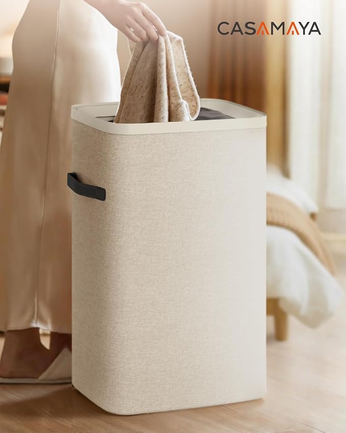 CASAMAYA Laundry Basket with Lid, Laundry Hamper 100L, collapsible Laundry Organizer, Easy Assembly, with Handles and Removable Liners, 16.5 x 12.6 x 29.5 Inches, Beige JSP902M - Image 6