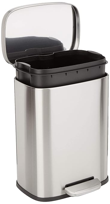 Amazon Basics Smudge Resistant Small Rectangular Step Pedal Trash Can with Soft-Close Lid, Removable Inner Bucket, Brushed Stainless Steel, 12 Liter/3.1 Gallon, Satin Nickel Finish by AmazonBasics
