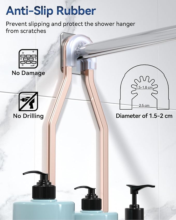 YASONIC Shower Caddy Hanging - Never Rust Shower Organizer - Aluminum over The shower head caddy with 10 Hooks for Razor/Sponge - Shower Rack with Soap Basket - Rose Gold - Image 5