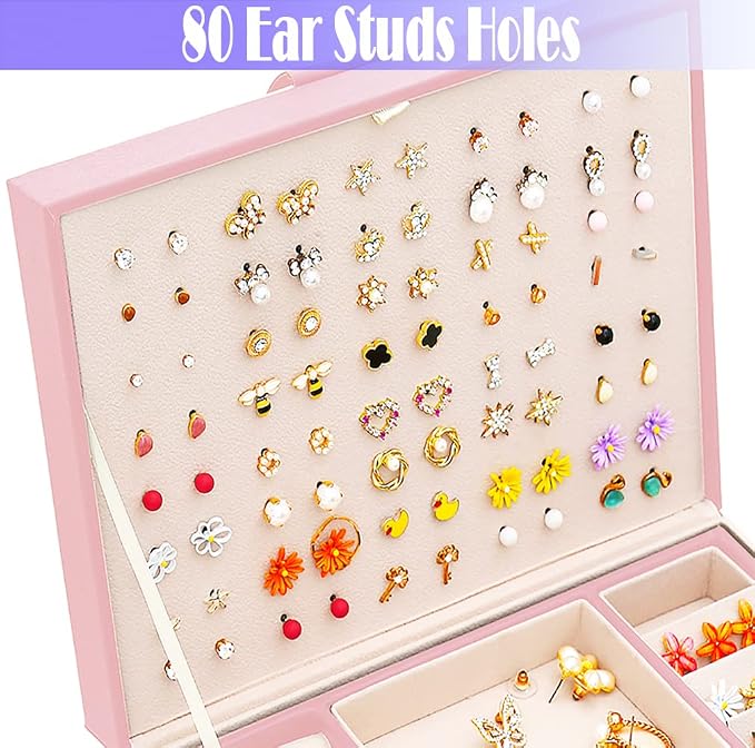 Earrings Jewelry Box for Girls, Large Capacity Jewelry Organizer with 40-Pair Earring Board, 2-Layer Leather Jewelry Storage Box for Necklaces Rings Bracelets with Removable Tray(Gift Idea),Pink - Image 8