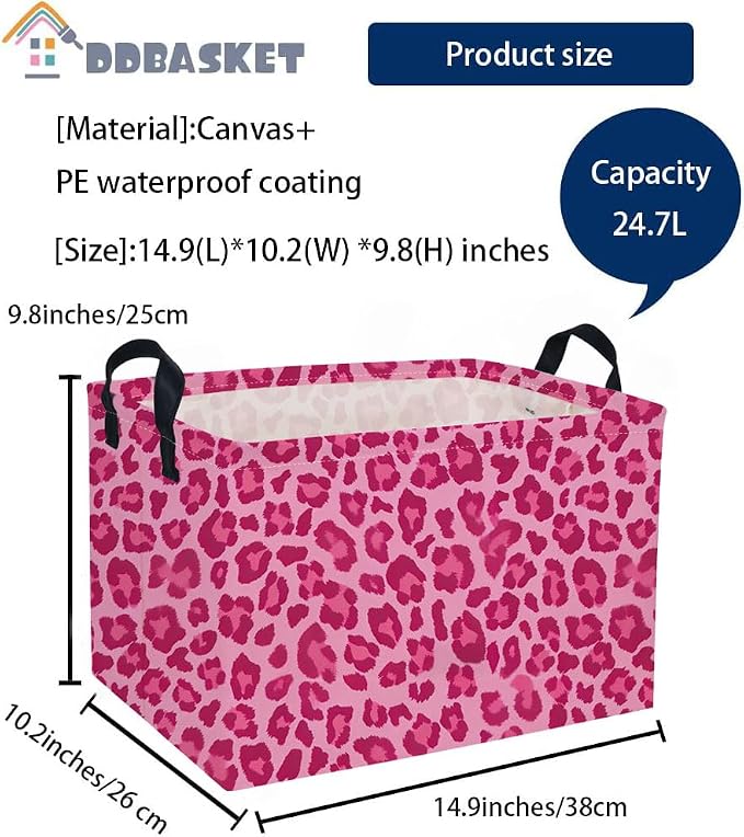 Rectangular Kids Baskets Pink Basket Cute Storage Bins Organizer Box Boys Room Decor for Home.(Pink leopard print) - Image 2