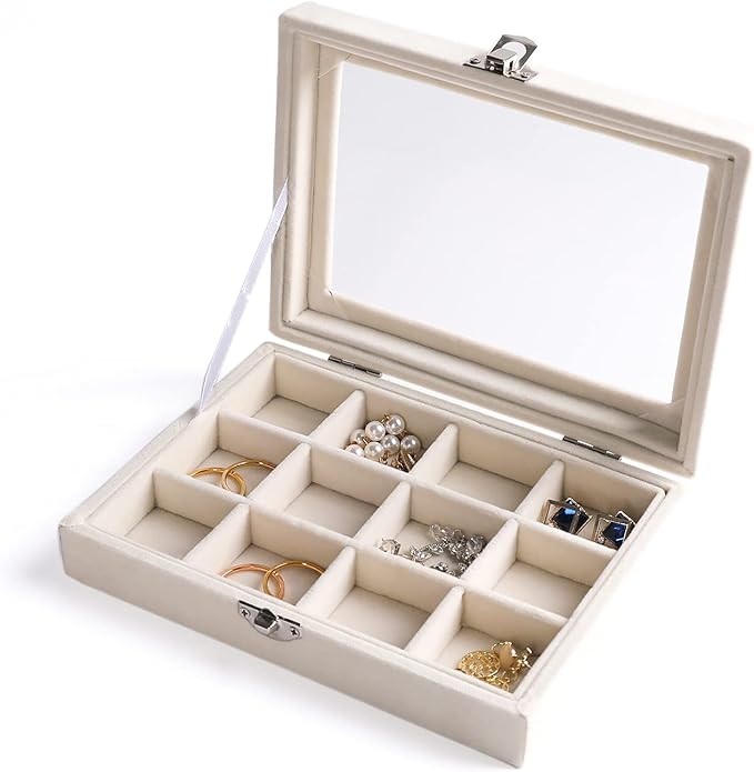 Frebeauty Jewelry Organizer Tray with Clear Lid - 12 Grid Velvet Drawer Insert Storage Box - Transparent Lid Display Case - Gift for Women (Beige, 12 Grid) by Frebeauty