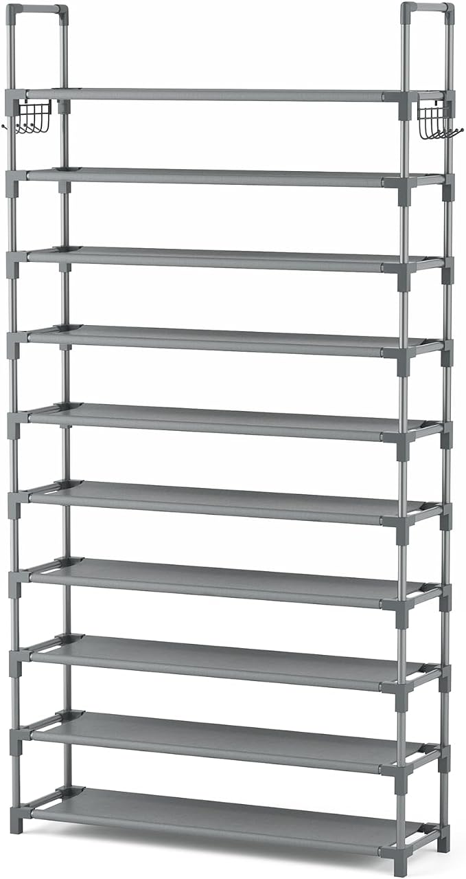 VTRIN 10 Tiers Shoe Rack Tall Large Capacity Wide Shoe Organizer Sturdy Shoe Shelf for Entryway with Two Hooks Metal Shoe Storage for Closet, Bedroom, Grey - Image 8